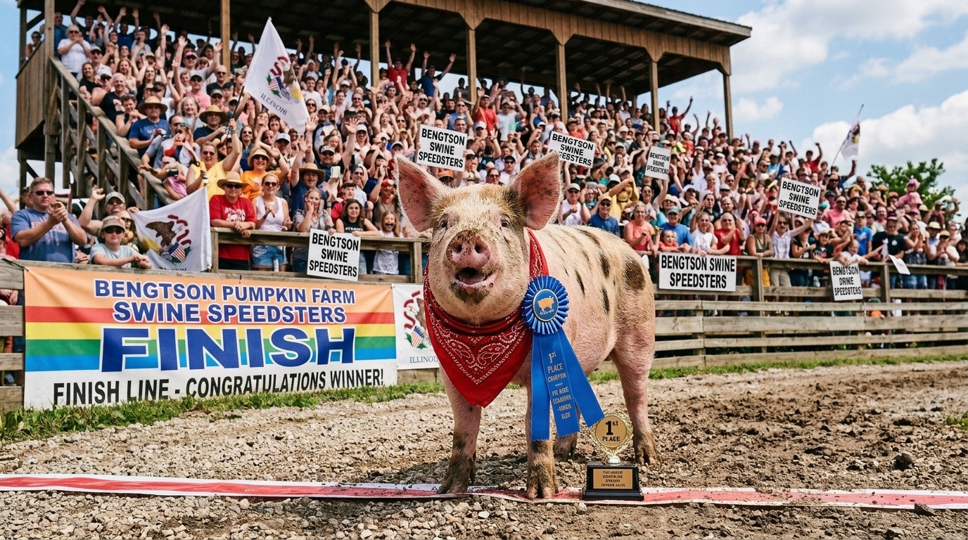 Pet pig Barnaby Bacon standing proudly at the finish line with blue 1st place ribbon in front of cheering grandstand crowd