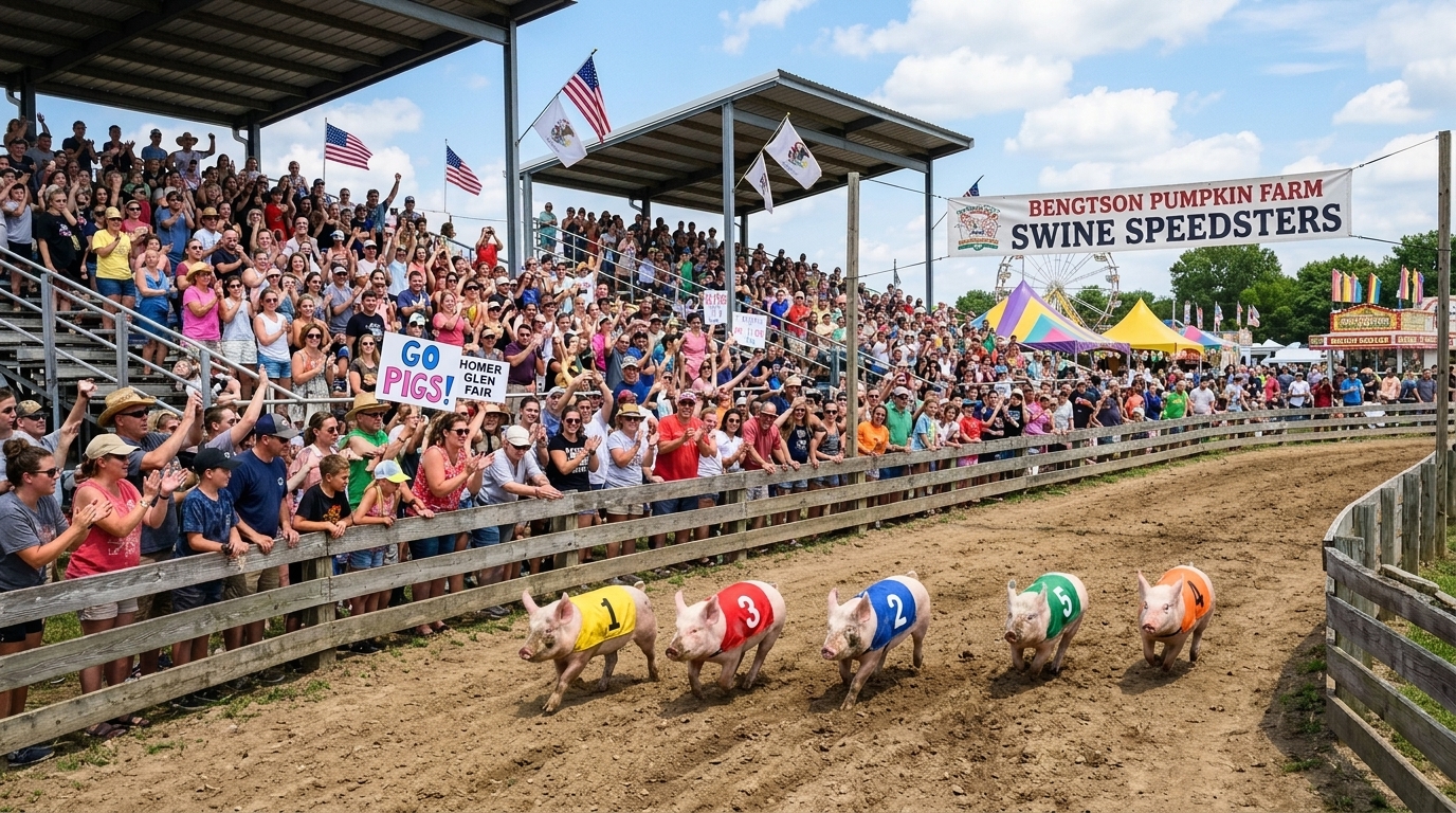 Packed grandstands filled with cheering spectators watching pigs race along dirt track in Homer Glen Illinois